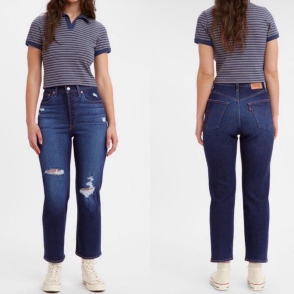 Levi's Dark Wash Distressed High Rise Button Fly Ribcage Straight Ankle Jeans 28